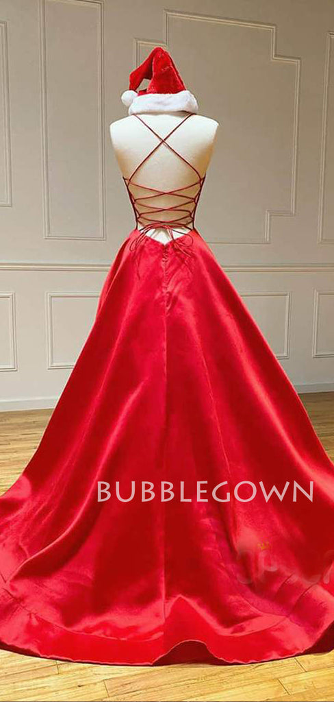 Red Satin V Neck Backless A-line Long Evening Prom Dresses, Cheap Custom prom dresses, MR7383