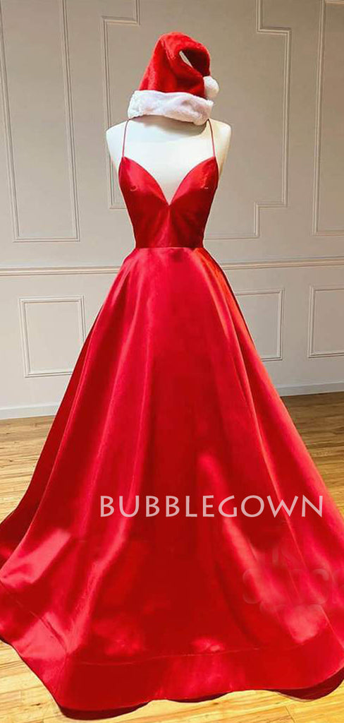 Red Satin V Neck Backless A-line Long Evening Prom Dresses, Cheap Custom prom dresses, MR7383