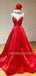 Red Satin V Neck Backless A-line Long Evening Prom Dresses, Cheap Custom prom dresses, MR7383