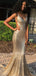 Sexy Gold Sequin Mermaid Spaghetti Straps Long Evening Prom Dresses, Cheap Custom Prom Dresses, MR7384