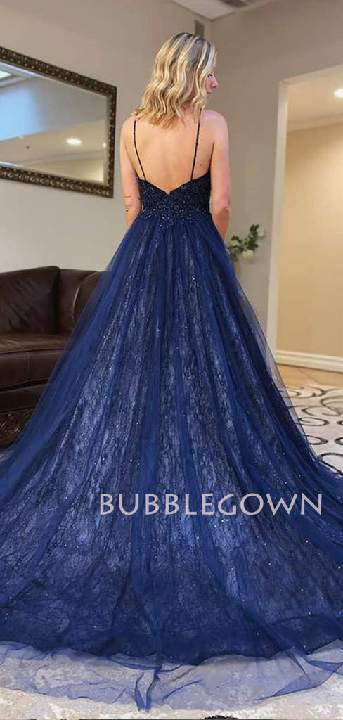 Deep V Neck Navy Blue Lace Beaded A-line Long Evening Prom Dresses, Cheap Custom V Neck Prom Dress, MR7387