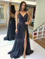 Black V Neck A-Line Sparkle Backless Backless Long Evening Prom Dresses, Cheap Custom Prom Dress, MR7388