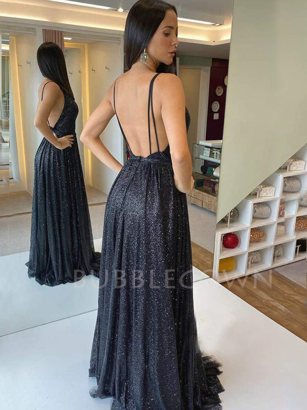 Black V Neck A-Line Sparkle Backless Backless Long Evening Prom Dresses, Cheap Custom Prom Dress, MR7388