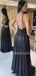 Black V Neck A-Line Sparkle Backless Backless Long Evening Prom Dresses, Cheap Custom Prom Dress, MR7388