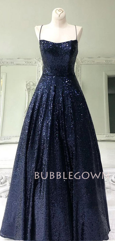 Navy Blue Sequin A-Line Spaghetti Straps Backless Long Evening Prom Dresses, Cheap Custom Prom Dresses, MR7392