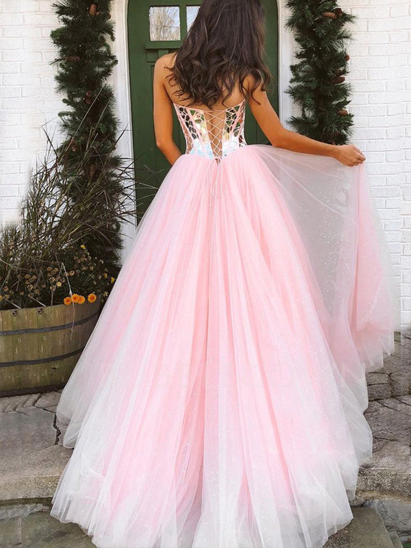 Pink Tulle A-Line Rhinestone Backless Long Evening Prom Dresses, Cheap Custom Prom Dresses, MR7393