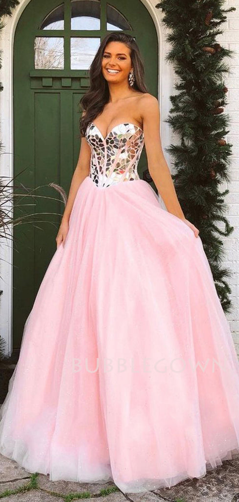 Pink Tulle A-Line Rhinestone Backless Long Evening Prom Dresses, Cheap Custom Prom Dresses, MR7393