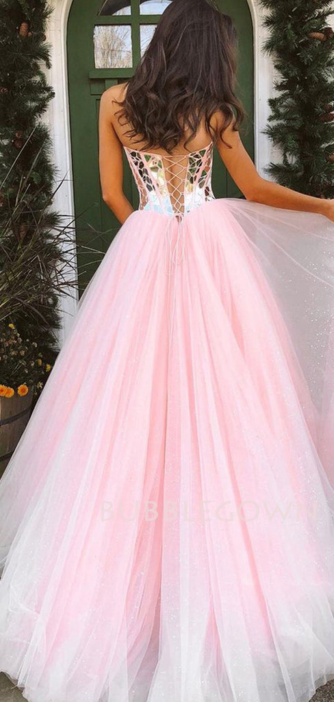 Pink Tulle A-Line Rhinestone Backless Long Evening Prom Dresses, Cheap Custom Prom Dresses, MR7393