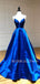 Dark Blue Satin V Neck A-Line Spaghetti Straps Long Backless Evening Prom Dresses, Cheap Custom prom dresses, MR7395