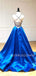 Dark Blue Satin V Neck A-Line Spaghetti Straps Long Backless Evening Prom Dresses, Cheap Custom prom dresses, MR7395