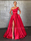 One Shoulder Red Satin A-Line Side Slit Long Backless Evening Prom Dresses, Cheap Custom prom dresses, MR7396