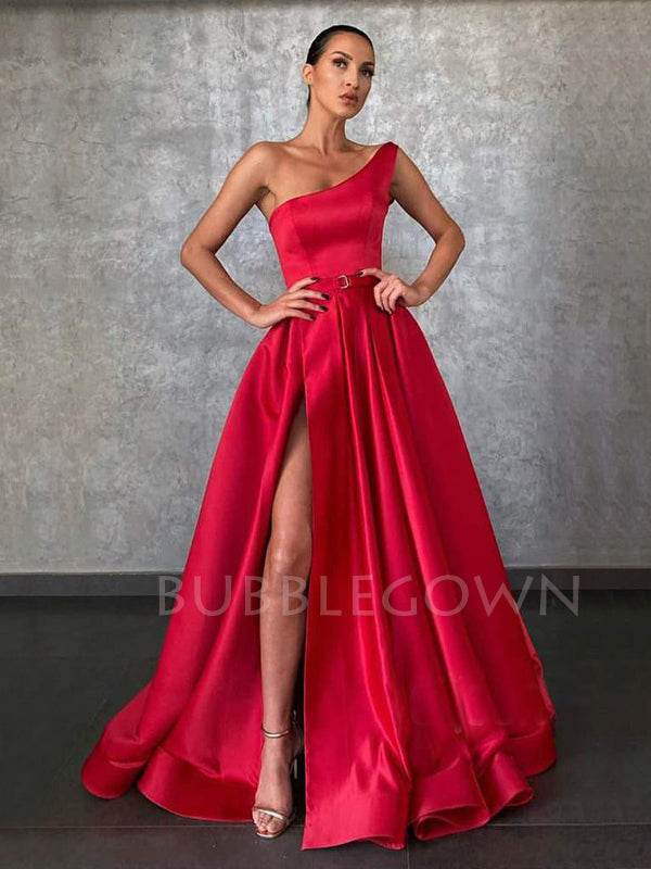 One Shoulder Red Satin A-Line Side Slit Long Backless Evening Prom Dresses, Cheap Custom prom dresses, MR7396