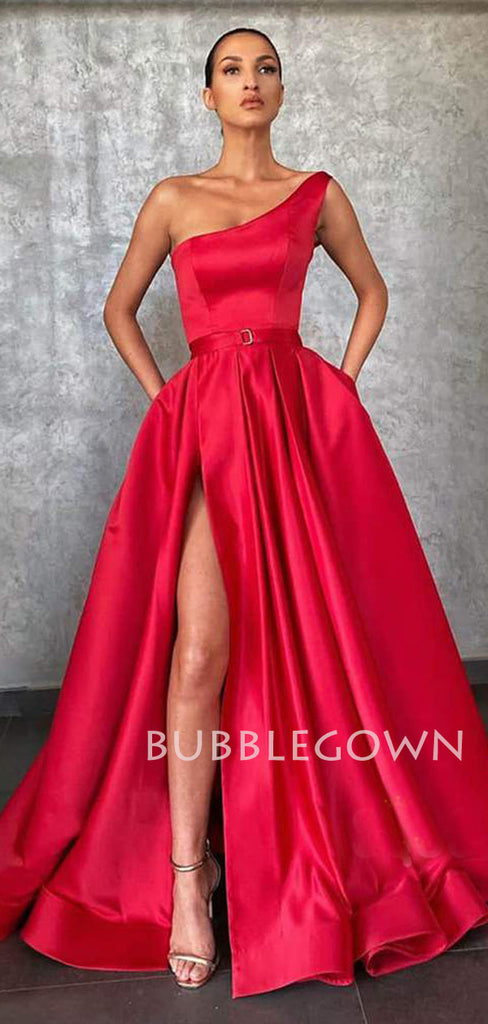 One Shoulder Red Satin A-Line Side Slit Long Backless Evening Prom Dresses, Cheap Custom prom dresses, MR7396