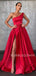 One Shoulder Red Satin A-Line Side Slit Long Backless Evening Prom Dresses, Cheap Custom prom dresses, MR7396