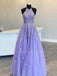 A-line Chic Halter Lavender Tulle Appliques Long Evening Prom Dresses, Cheap Custom Prom Dress, MR7400