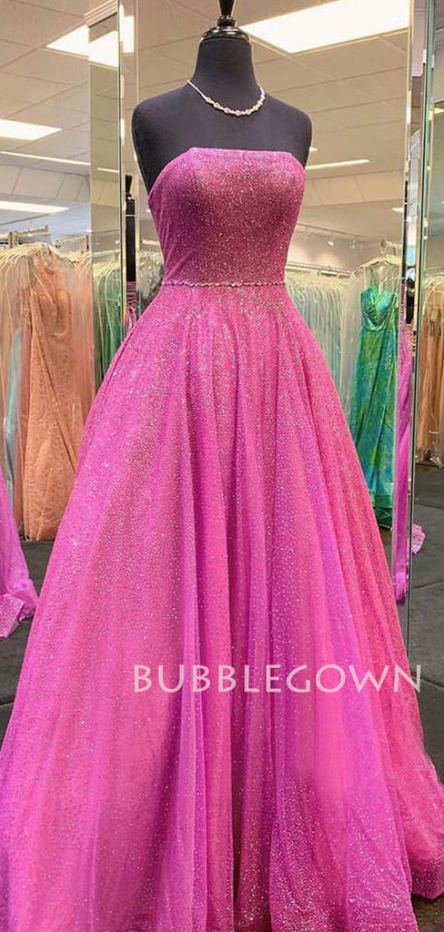 A-line Strapless Sparkly Formal Long Evening Prom Dresses, Cheap Custom Dresses,MR7402