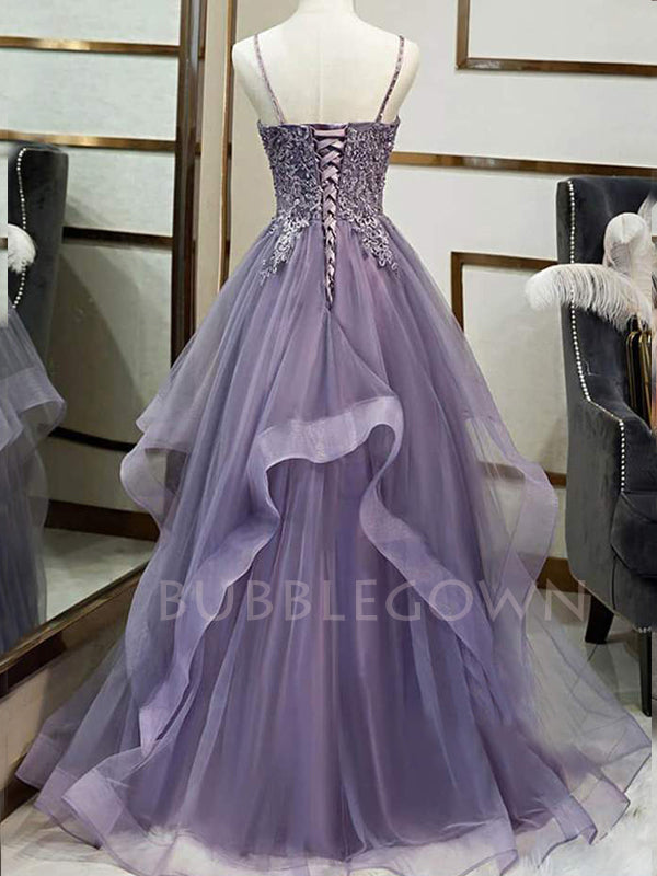 A-line Dusty Purple Tulle Appliques Long Evening Prom Dresses, Cheap Custom V Neck Prom Dress, MR7403