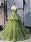 Ball Gown Spaghetti Straps Green Tulle Long Evening Prom Dresses, Cheap Custom Prom Dresses, MR7404