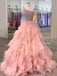 Pink Organza One Shoulder Beaded A-line Long Evening Prom Dresses, Cheap Sweet Prom dresses, MR7405