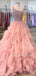 Pink Organza One Shoulder Beaded A-line Long Evening Prom Dresses, Cheap Sweet Prom dresses, MR7405