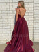 Plunging V-neck High Split Burgundy A-line Long Evening Prom Dresses, Cheap Custom prom dresses, MR7406