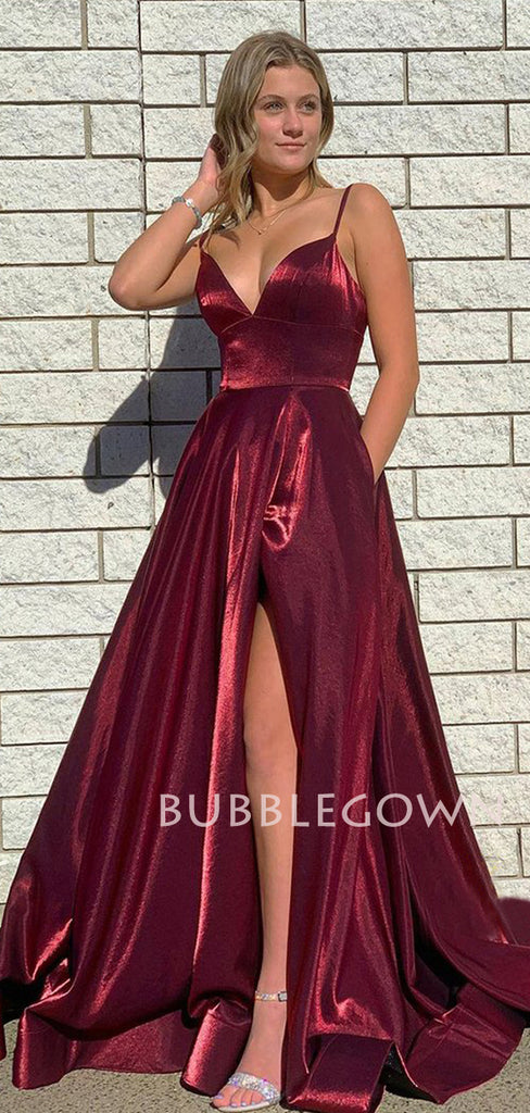 Plunging V-neck High Split Burgundy A-line Long Evening Prom Dresses, Cheap Custom prom dresses, MR7406