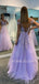 Plunging V-neck Tulle Appliques Lilac Tulle Lace Long Evening Prom Dresses, Cheap Custom V Neck Prom Dress, MR7407