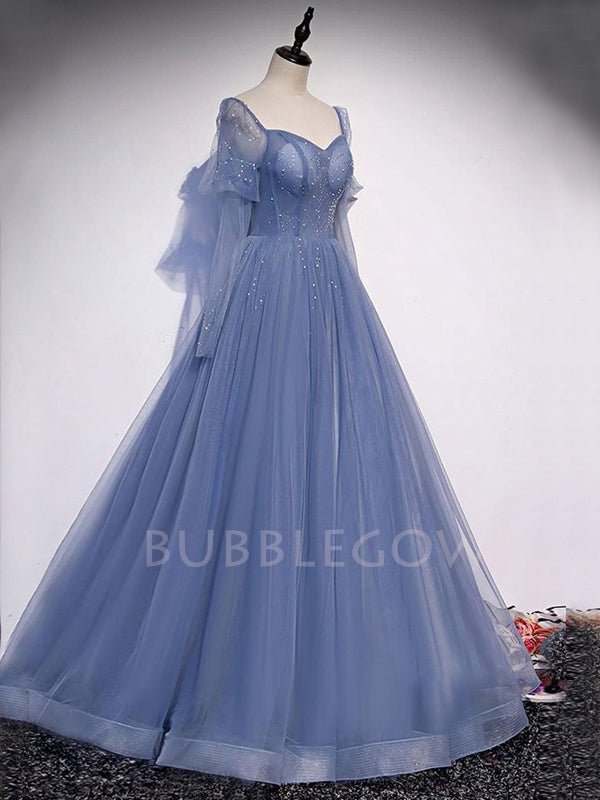 See Throuth A-line Sweetheart Dusty Blue Tulle Beaded Long Sleeves Formal Long Evening Prom Dresses, Cheap Custom Prom Dresses, MR7408