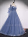 See Throuth A-line Sweetheart Dusty Blue Tulle Beaded Long Sleeves Formal Long Evening Prom Dresses, Cheap Custom Prom Dresses, MR7408