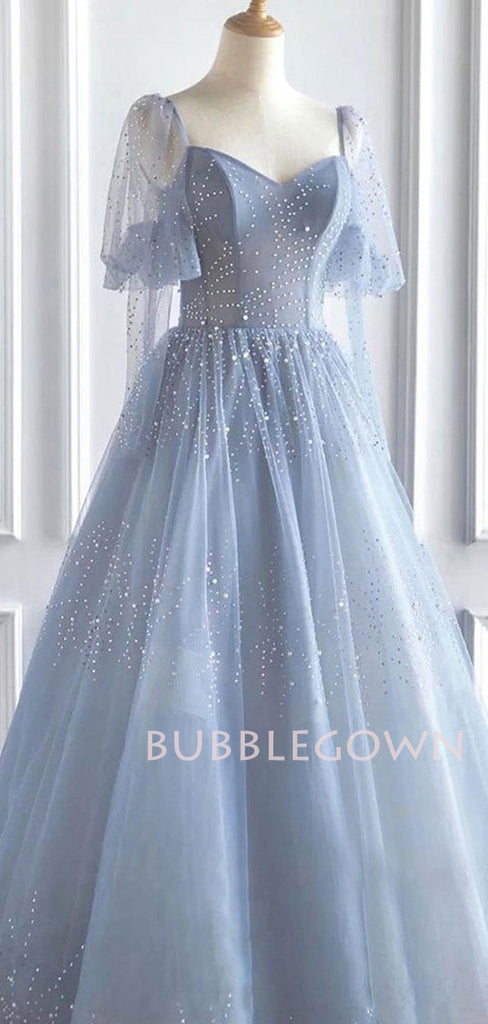 See Throuth A-line Sweetheart Dusty Blue Tulle Beaded Long Sleeves Formal Long Evening Prom Dresses, Cheap Custom Prom Dresses, MR7408