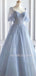 See Throuth A-line Sweetheart Dusty Blue Tulle Beaded Long Sleeves Formal Long Evening Prom Dresses, Cheap Custom Prom Dresses, MR7408