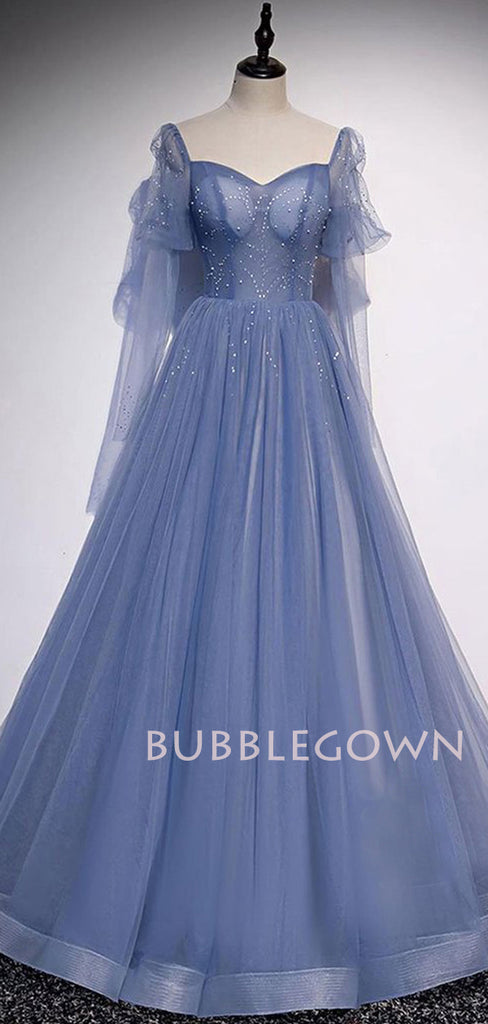 See Throuth A-line Sweetheart Dusty Blue Tulle Beaded Long Sleeves Formal Long Evening Prom Dresses, Cheap Custom Prom Dresses, MR7408