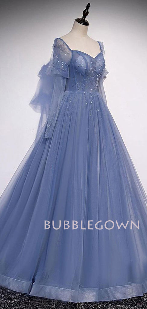 See Throuth A-line Sweetheart Dusty Blue Tulle Beaded Long Sleeves Formal Long Evening Prom Dresses, Cheap Custom Prom Dresses, MR7408