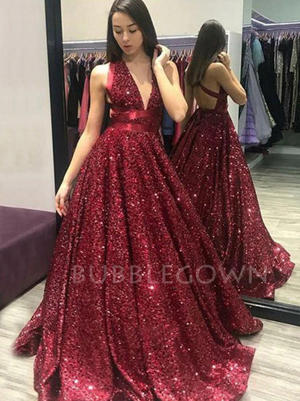 Ball Gown Attractive Green V-neck Sequins Sparkly Backless Long Evening Prom Dresses, Cheap Custom Prom Dresses, MR7412