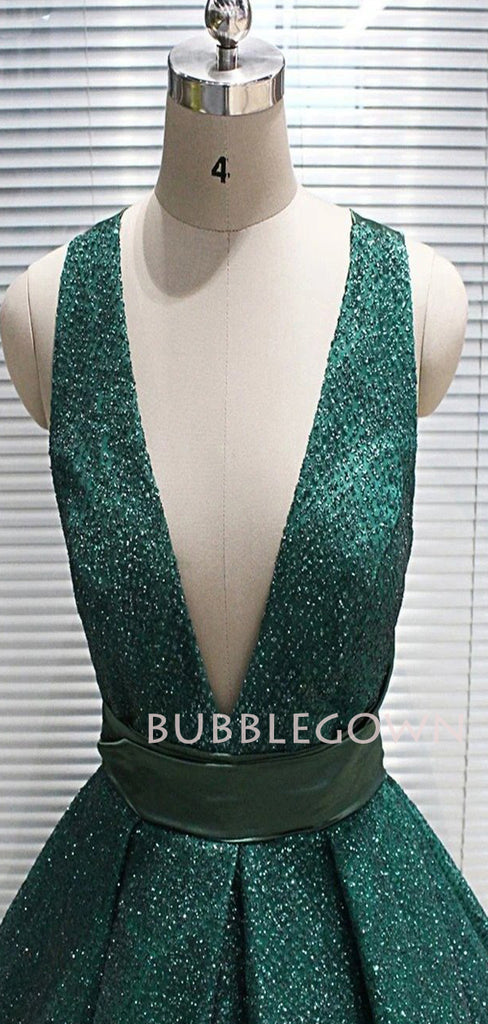 Ball Gown Attractive Green V-neck Sequins Sparkly Backless Long Evening Prom Dresses, Cheap Custom Prom Dresses, MR7412