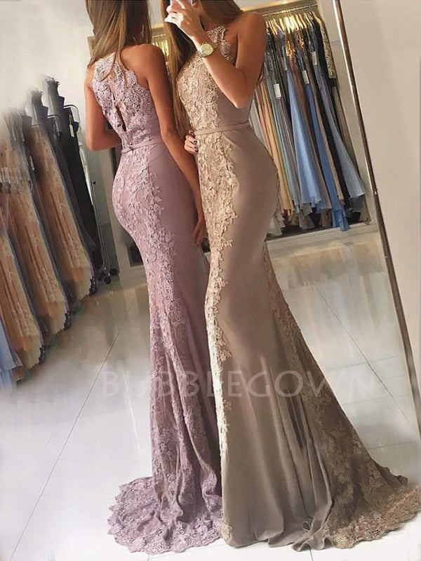 Mermaid Formal Chic Bateau Appliques Lace Long Evening Prom Dresses, Cheap Custom Prom Dresses, MR7414