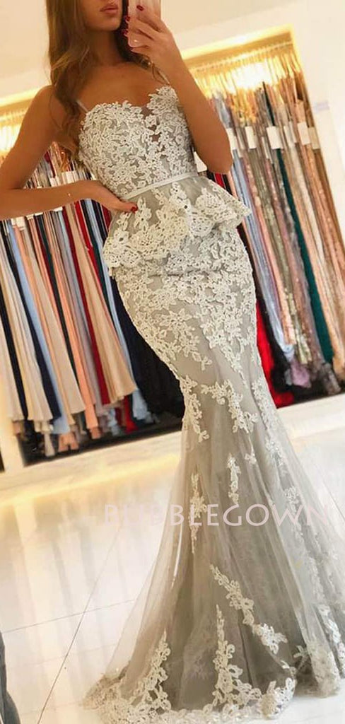 Copy of Grey Appliques Spaghetti Straps V Neck Mermaid Lace Long Evening Prom Dresses, Cheap Custom Prom Dresses, MR7416