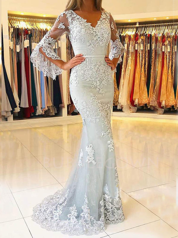 See Throuth Long Sleeves Grey Appliques V Neck Mermaid Lace Long Evening Prom Dresses, Cheap Custom Prom Dresses, MR7417