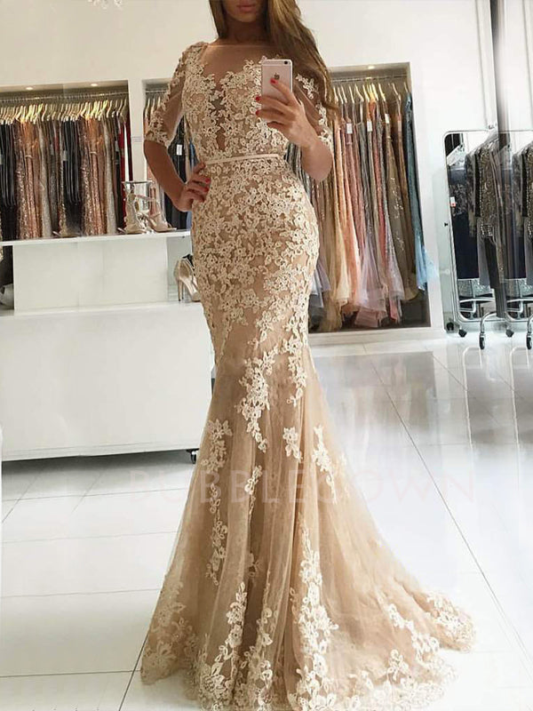 Mermaid/Trumpet Half Sleeves Tulle Appliques Lace Long Evening Prom Dresses, Cheap Custom Prom Dresses, MR7419