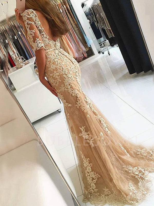 Mermaid/Trumpet Half Sleeves Tulle Appliques Lace Long Evening Prom Dresses, Cheap Custom Prom Dresses, MR7419