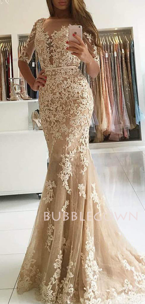 Mermaid/Trumpet Half Sleeves Tulle Appliques Lace Long Evening Prom Dresses, Cheap Custom Prom Dresses, MR7419