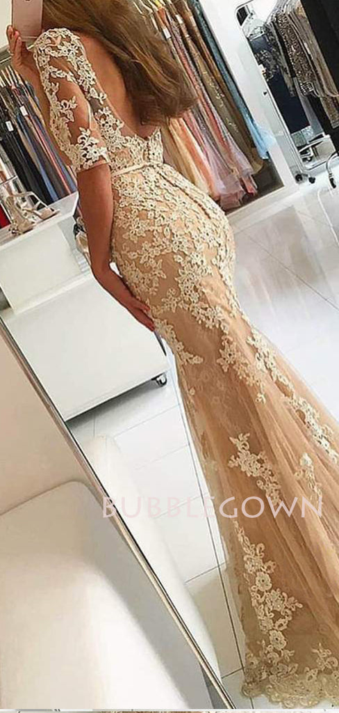 Mermaid/Trumpet Half Sleeves Tulle Appliques Lace Long Evening Prom Dresses, Cheap Custom Prom Dresses, MR7419