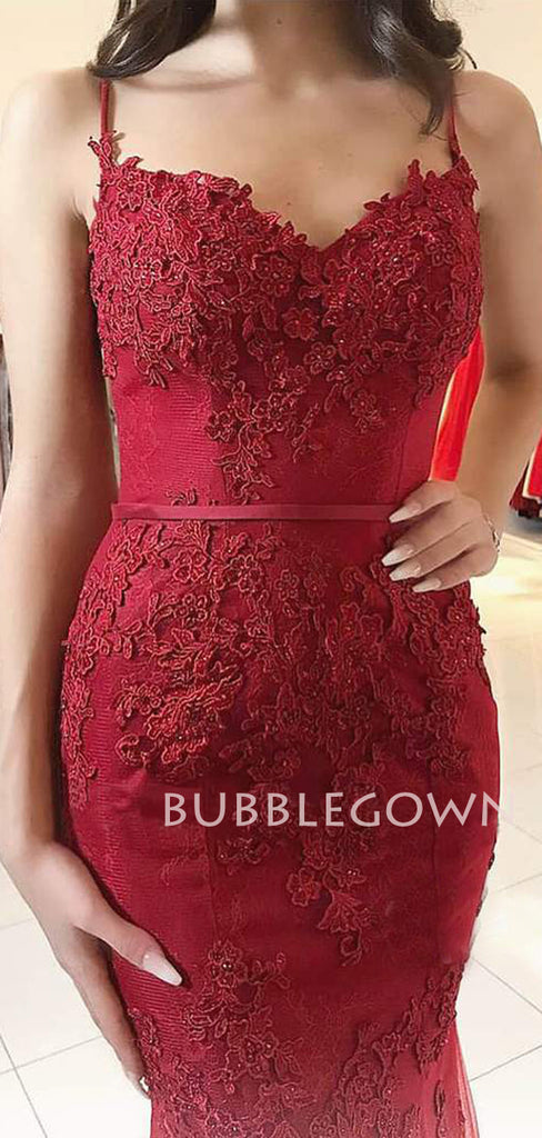 Burgundy Tulle Appliques Spaghetti Straps V Neck Mermaid Lace Long Evening Prom Dresses, Cheap Custom Prom Dresses, MR7420