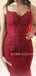 Burgundy Tulle Appliques Spaghetti Straps V Neck Mermaid Lace Long Evening Prom Dresses, Cheap Custom Prom Dresses, MR7420