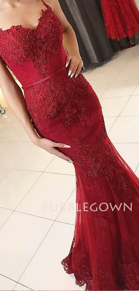 Burgundy Tulle Appliques Spaghetti Straps V Neck Mermaid Lace Long Evening Prom Dresses, Cheap Custom Prom Dresses, MR7420