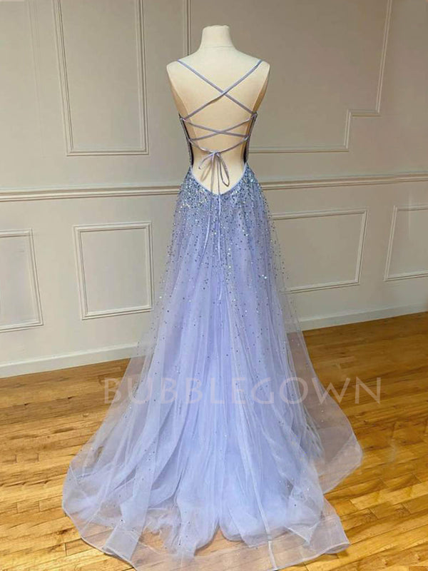 A-line Blue Tulle Beaded Long Evening Prom Dresses, Cheap Custom Prom dresses, MR7423