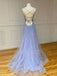 A-line Blue Tulle Beaded Long Evening Prom Dresses, Cheap Custom Prom dresses, MR7423