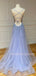 A-line Blue Tulle Beaded Long Evening Prom Dresses, Cheap Custom Prom dresses, MR7423