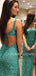 Green Sequin Side Slit Backless Long Evening Prom Dresses, Cheap Custom Prom Dresses, MR7424