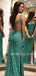 Green Sequin Side Slit Backless Long Evening Prom Dresses, Cheap Custom Prom Dresses, MR7424